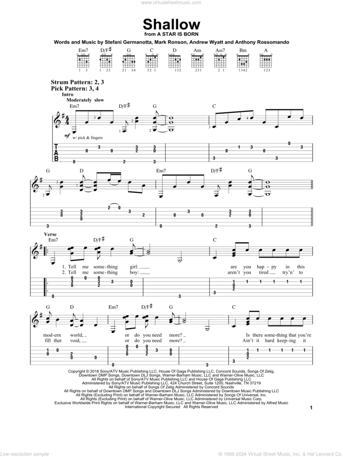 Shallow (from A Star Is Born) sheet music for guitar solo (easy tablature) by Lady Gaga & Bradley Cooper, Bradley Cooper, Andrew Wyatt, Anthony Rossomando, Lady Gaga and Mark Ronson, easy guitar (easy tablature)