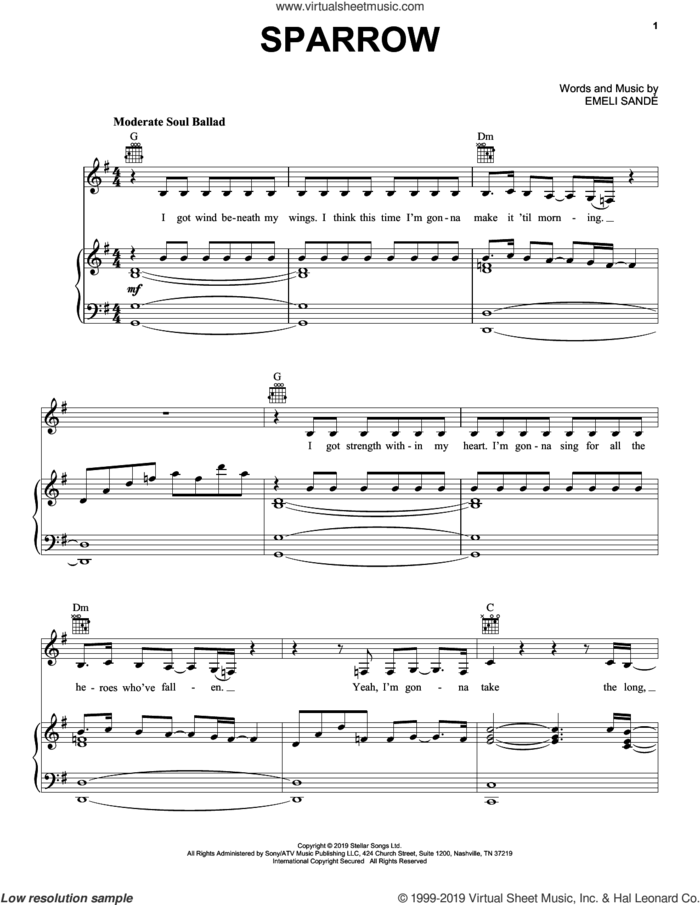Sparrow sheet music for voice, piano or guitar by Emeli Sande, intermediate skill level