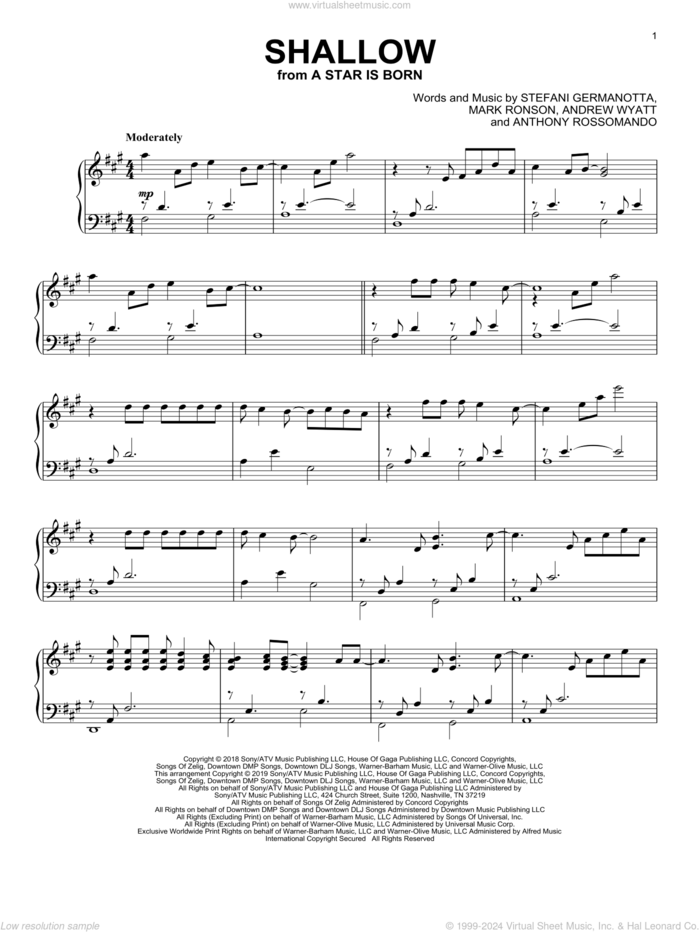 Shallow (from A Star Is Born), (intermediate) sheet music for piano solo by Lady Gaga & Bradley Cooper, Andrew Wyatt, Anthony Rossomando, Lady Gaga and Mark Ronson, intermediate skill level