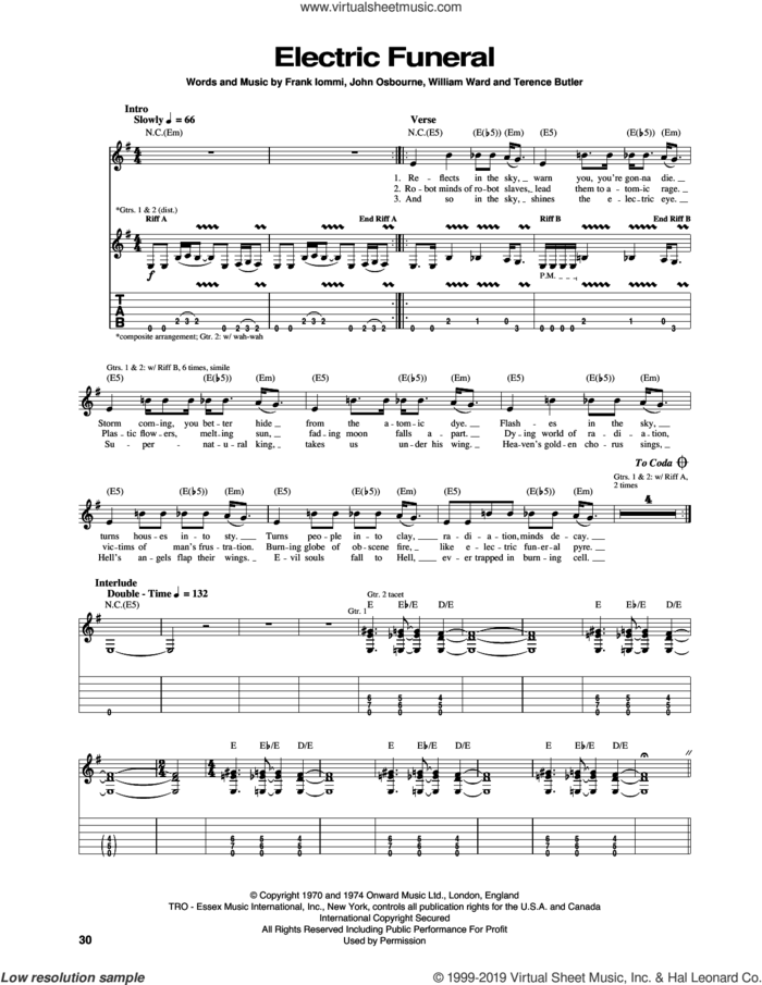 Electric Funeral sheet music for guitar (tablature) by Black Sabbath, Frank Iommi, John Osbourne, Terence Butler and William Ward, intermediate skill level