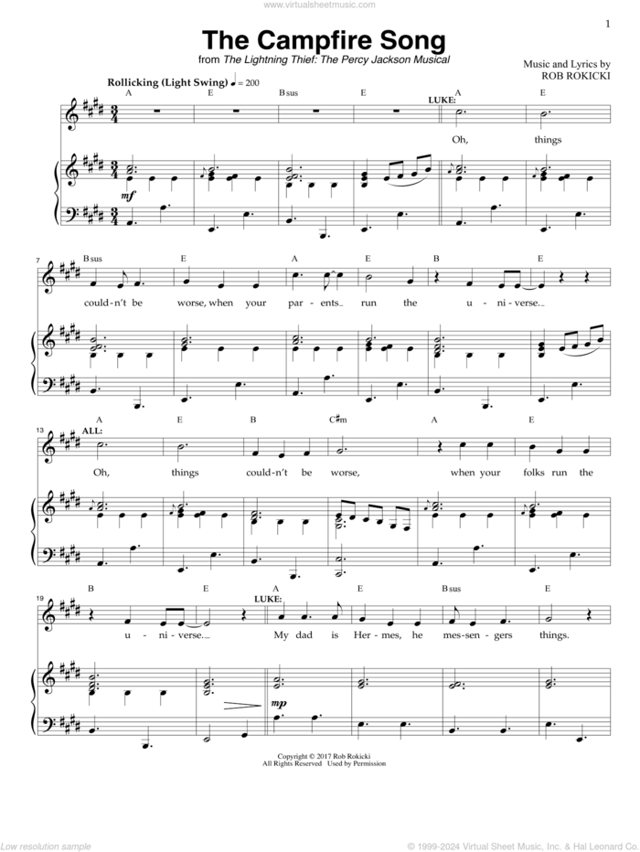 The Campfire Song (from The Lightning Thief: The Percy Jackson Musical) sheet music for voice and piano by Rob Rokicki, intermediate skill level