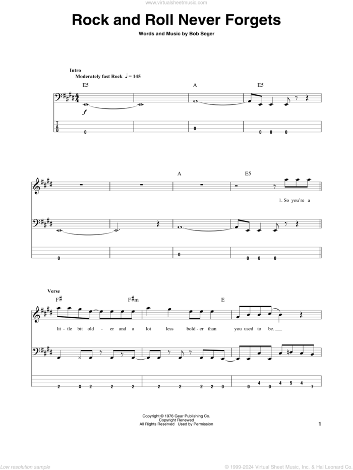 Rock And Roll Never Forgets sheet music for bass (tablature) (bass guitar) by Bob Seger, intermediate skill level