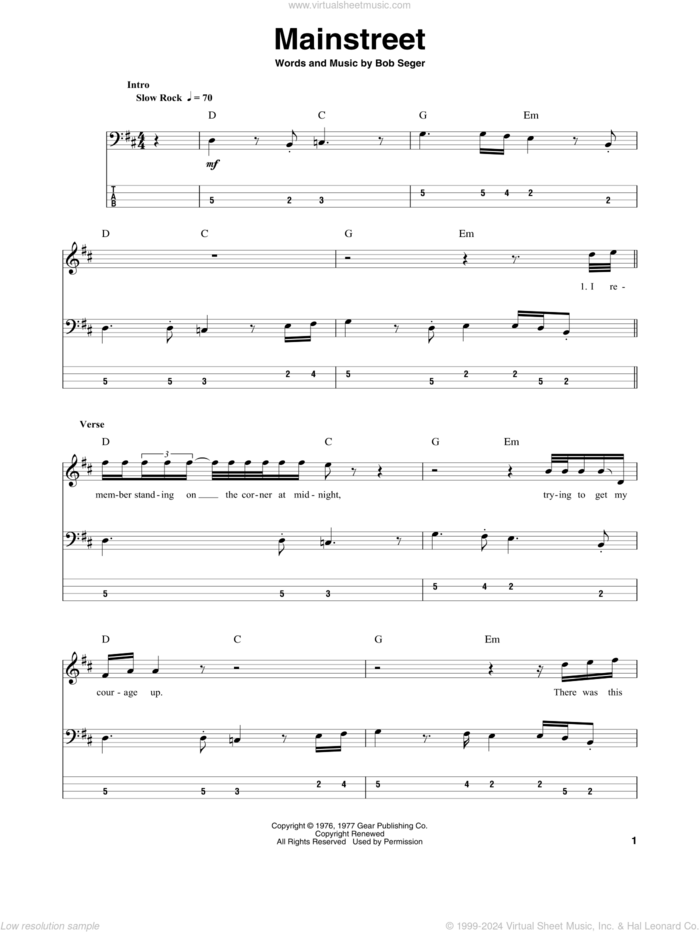 Mainstreet sheet music for bass (tablature) (bass guitar) by Bob Seger, intermediate skill level