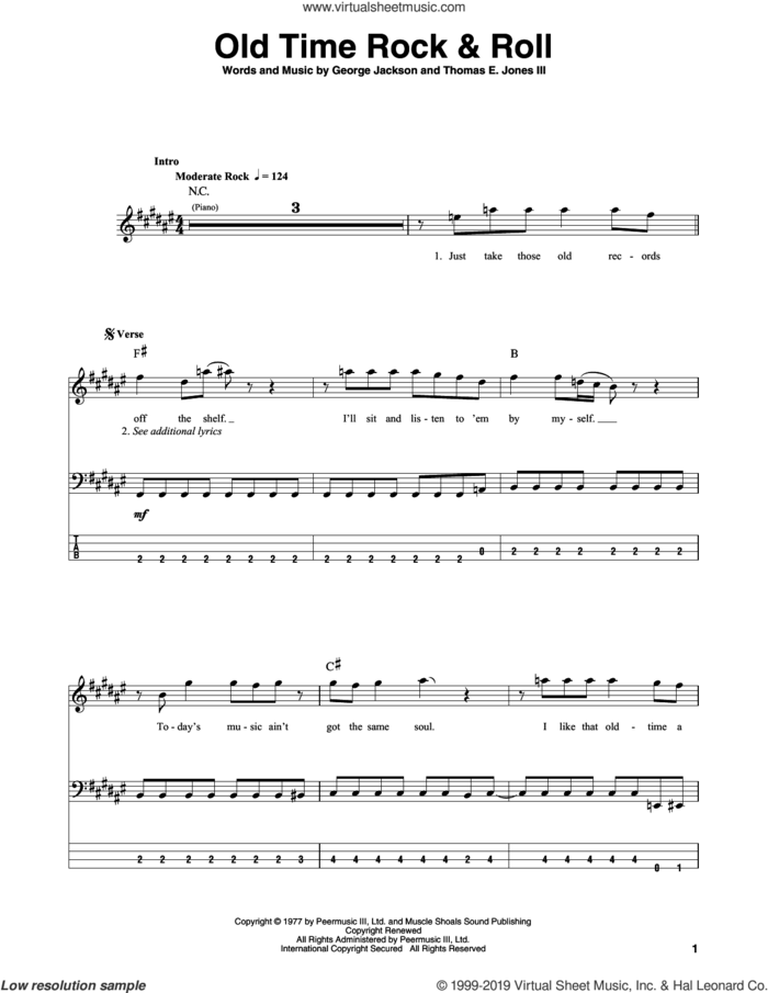Old Time Rock and Roll sheet music for bass (tablature) (bass guitar) by Bob Seger, George Jackson and Tom Jones, intermediate skill level