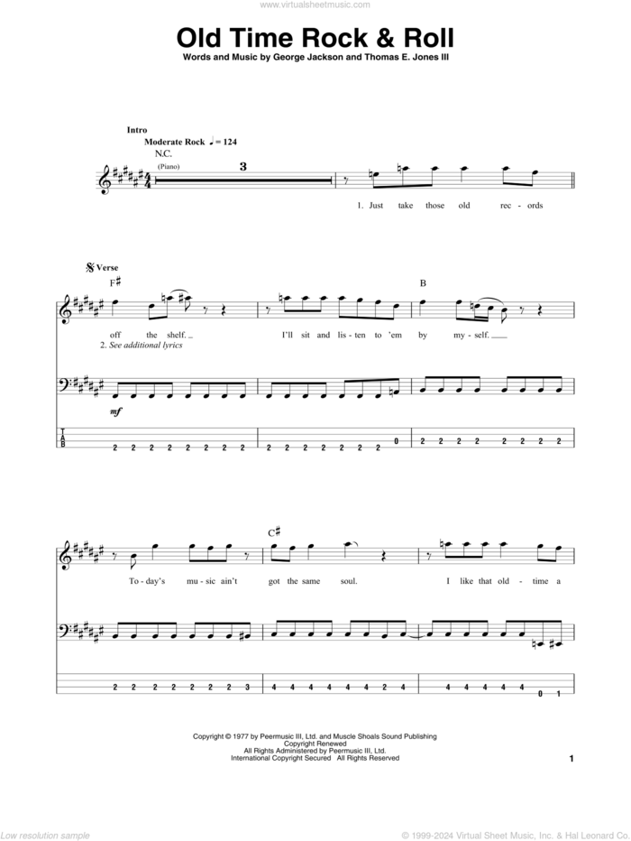 Old Time Rock and Roll sheet music for bass (tablature) (bass guitar) by Bob Seger, George Jackson and Tom Jones, intermediate skill level