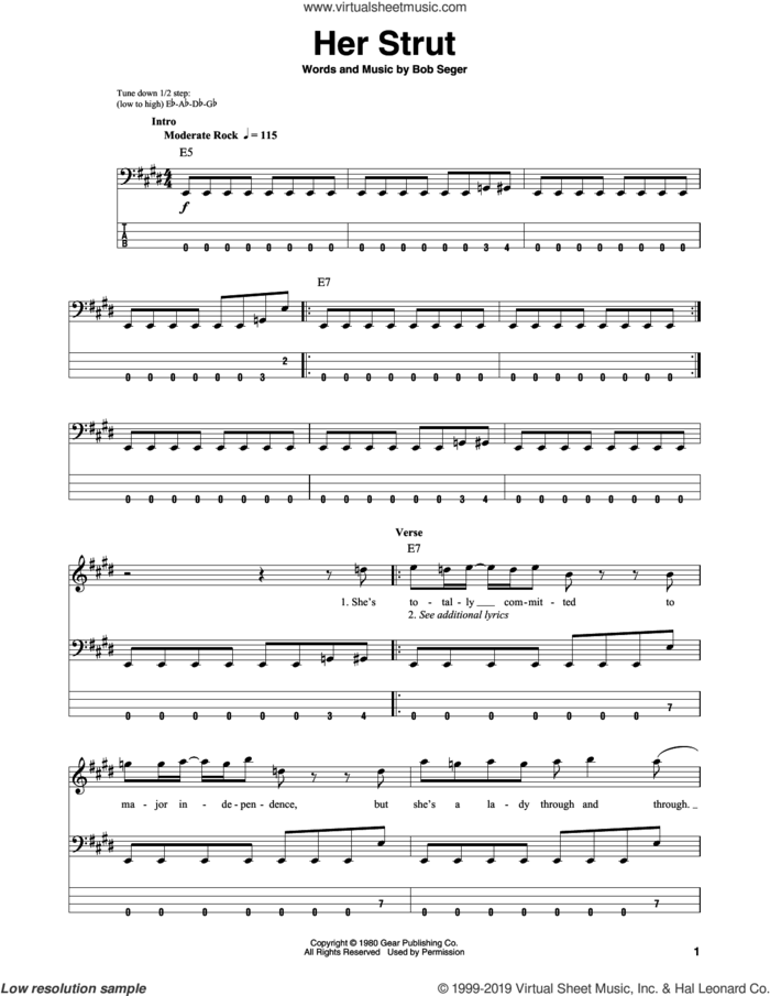 Her Strut sheet music for bass (tablature) (bass guitar) by Bob Seger, intermediate skill level