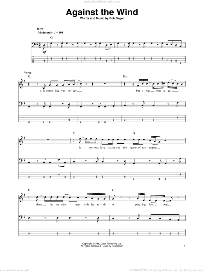 Against The Wind sheet music for bass (tablature) (bass guitar) by Bob Seger, intermediate skill level