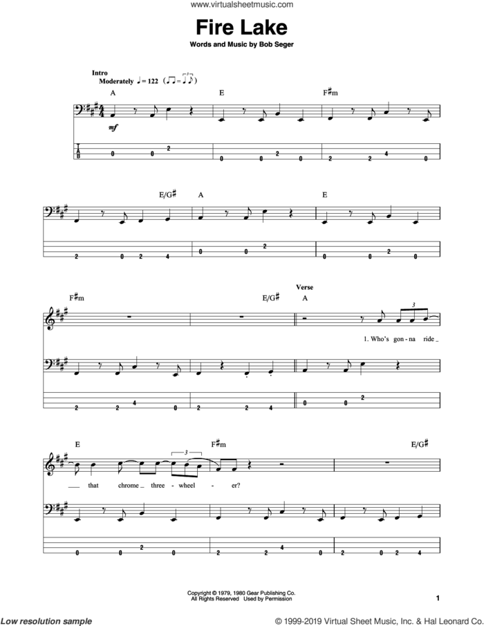 Fire Lake sheet music for bass (tablature) (bass guitar) by Bob Seger, intermediate skill level