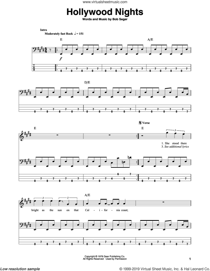 Hollywood Nights sheet music for bass (tablature) (bass guitar) by Bob Seger, intermediate skill level