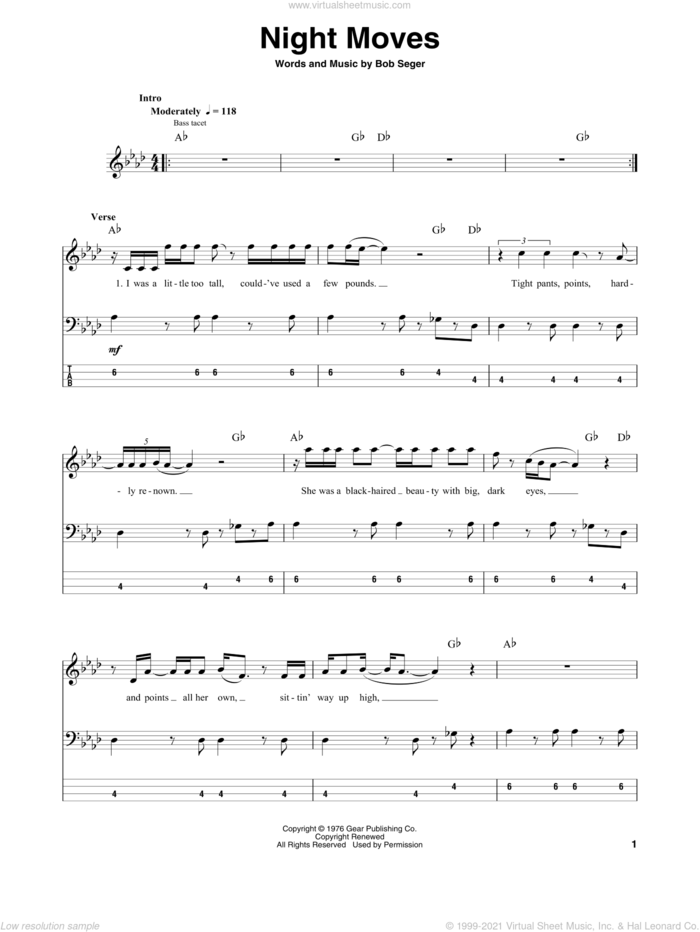 Night Moves sheet music for bass (tablature) (bass guitar) by Bob Seger, intermediate skill level