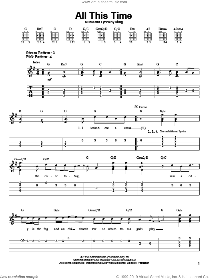 All This Time sheet music for guitar solo (easy tablature) by Sting, easy guitar (easy tablature)