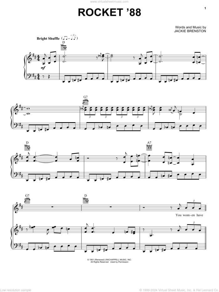 Rocket 88 sheet music for voice, piano or guitar by Jackie Brenston, intermediate skill level