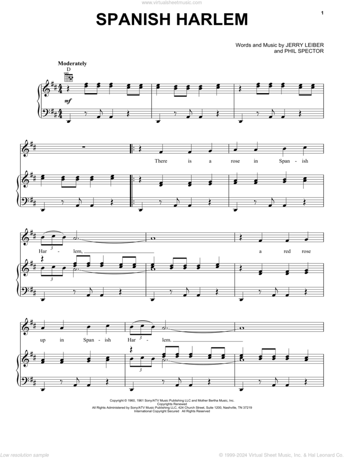 Spanish Harlem sheet music for voice, piano or guitar by Ben E. King, Aretha Franklin, Jerry Leiber and Phil Spector, intermediate skill level
