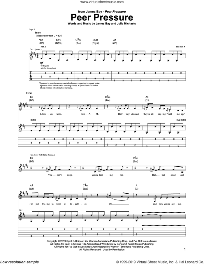 Peer Pressure (feat. Julia Michaels) sheet music for guitar (tablature) by James Bay and Julia Michaels, intermediate skill level