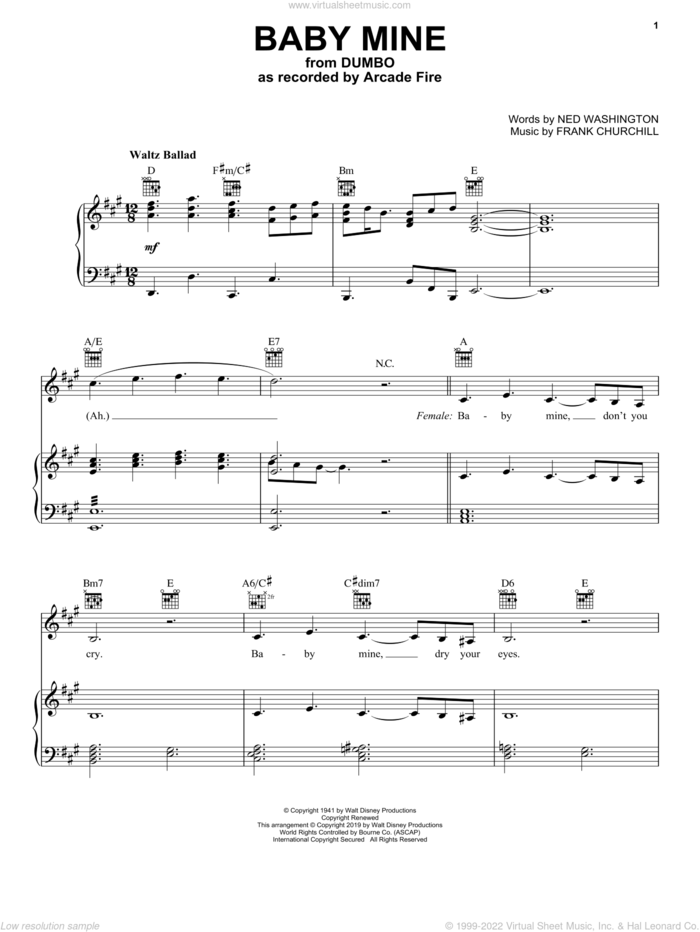 Baby Mine (from the Motion Picture Dumbo) (2019) sheet music for voice, piano or guitar by Arcade Fire, Frank Churchill and Ned Washington, intermediate skill level