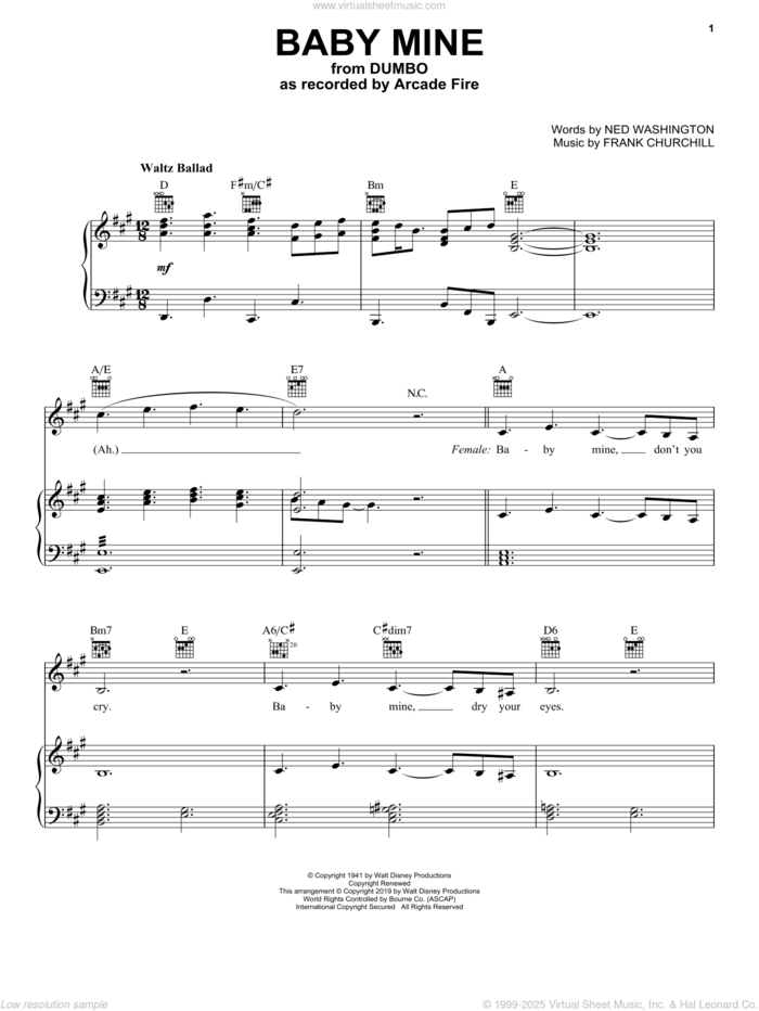 Baby Mine (from the Motion Picture Dumbo) (2019) sheet music for voice, piano or guitar by Arcade Fire, Frank Churchill and Ned Washington, intermediate skill level