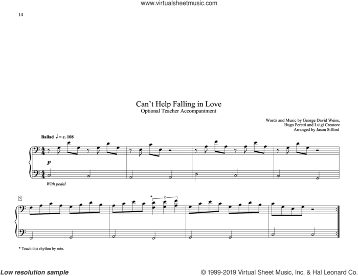 Can't Help Falling In Love (arr. Jason Sifford) sheet music for piano solo (elementary) by Elvis Presley, Jason Sifford, George David Weiss, Hugo Peretti and Luigi Creatore, wedding score, beginner piano (elementary)
