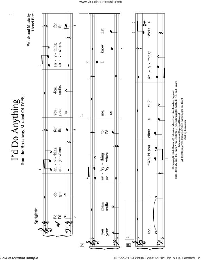 I'd Do Anything (from Oliver!) (arr. Christopher Hussey) sheet music for piano solo (elementary) by Lionel Bart and Christopher Hussey, beginner piano (elementary)