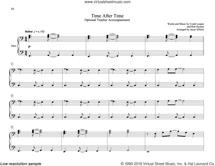 Time After Time (arr. Jason Sifford) sheet music for piano solo (elementary) by Cyndi Lauper, Jason Sifford and Rob Hyman, beginner piano (elementary)