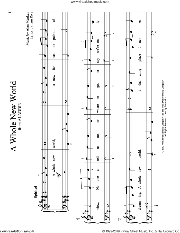 A Whole New World (from Aladdin) (arr. Christopher Hussey) sheet music for piano solo (elementary) by Alan Menken, Christopher Hussey, Alan Menken & Tim Rice and Tim Rice, wedding score, beginner piano (elementary)