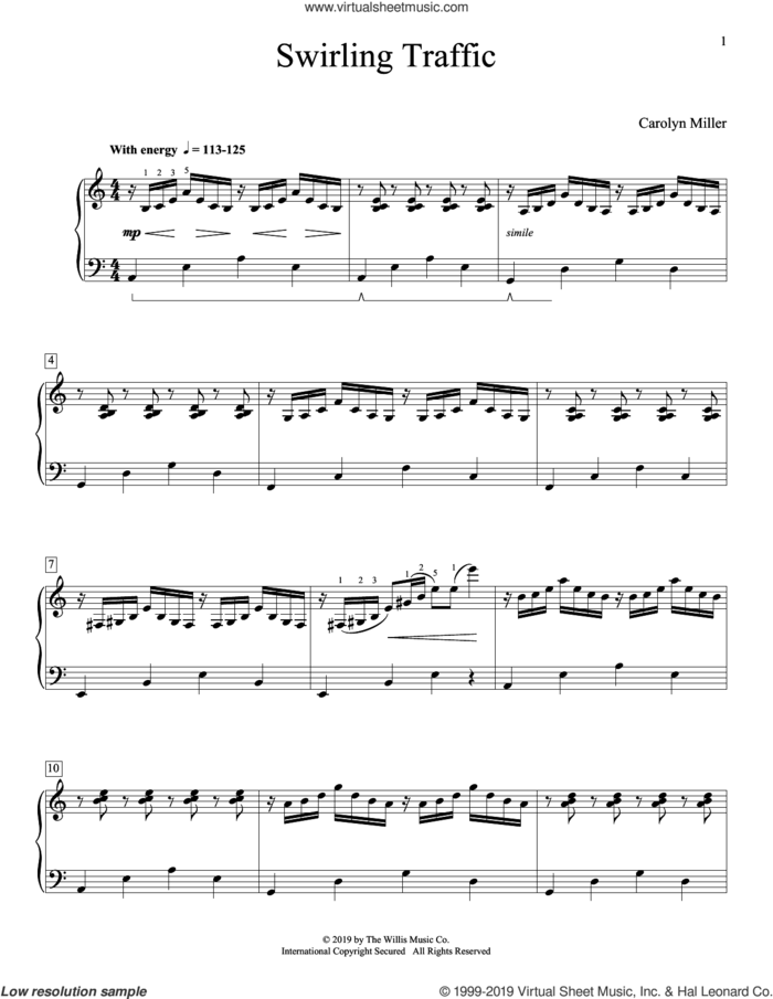 Swirling Traffic sheet music for piano solo (elementary) by Carolyn Miller, beginner piano (elementary)