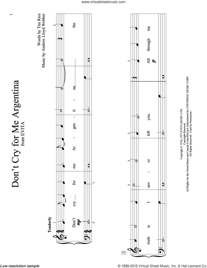 Don't Cry For Me Argentina (from Evita) (arr. Christopher Hussey) sheet music for piano solo (elementary) by Andrew Lloyd Webber, Christopher Hussey, Festival, Madonna and Tim Rice, beginner piano (elementary)