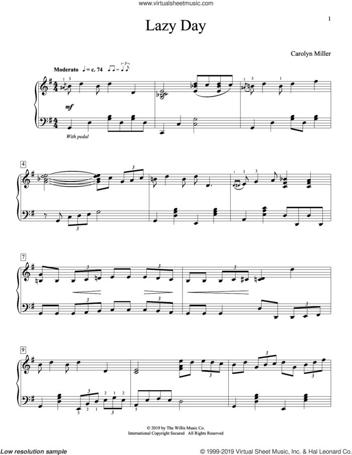 Lazy Day sheet music for piano solo (elementary) by Carolyn Miller, beginner piano (elementary)