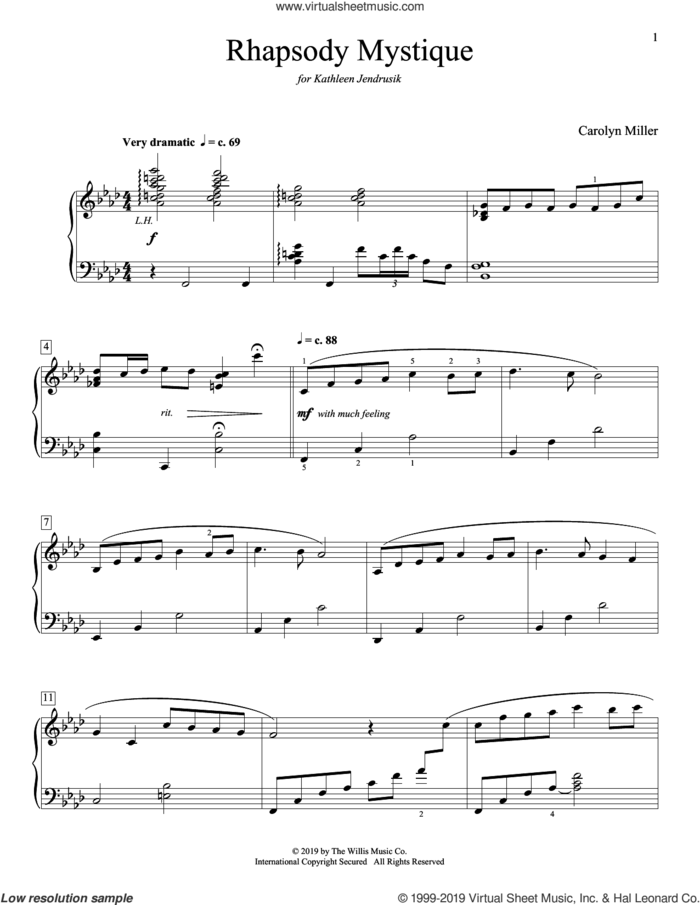 Rhapsody Mystique sheet music for piano solo (elementary) by Carolyn Miller, beginner piano (elementary)