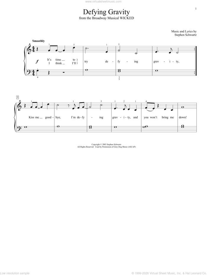 Defying Gravity (from Wicked) (arr. Christopher Hussey) sheet music for piano solo (elementary) by Stephen Schwartz and Christopher Hussey, beginner piano (elementary)