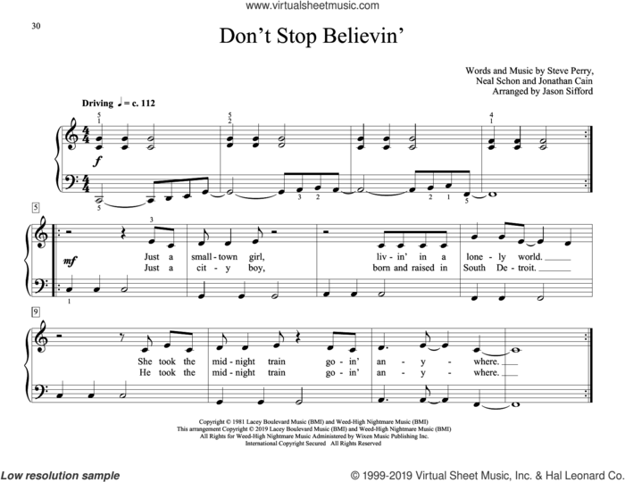 Don't Stop Believin' (arr. Jason Sifford) sheet music for piano solo (elementary) by Journey, Jason Sifford, Jonathan Cain, Neal Schon and Steve Perry, beginner piano (elementary)