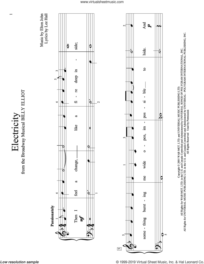 Electricity (arr. Christopher Hussey) sheet music for piano solo (elementary) by Elton John, Christopher Hussey and Lee Hall, beginner piano (elementary)