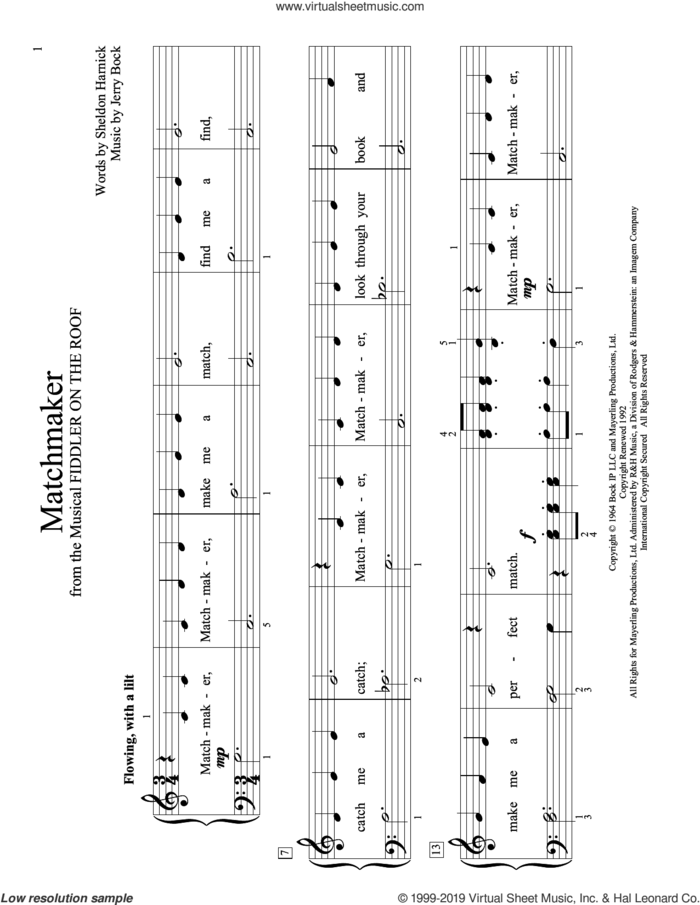 Matchmaker (from Fiddler on the Roof) (arr. Christopher Hussey) sheet music for piano solo (elementary) by Bock & Harnick, Christopher Hussey, Jerry Bock and Sheldon Harnick, beginner piano (elementary)