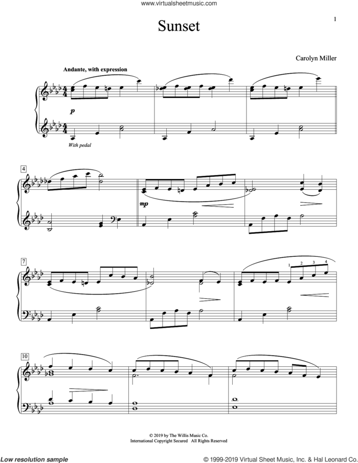 Sunset sheet music for piano solo (elementary) by Carolyn Miller, beginner piano (elementary)