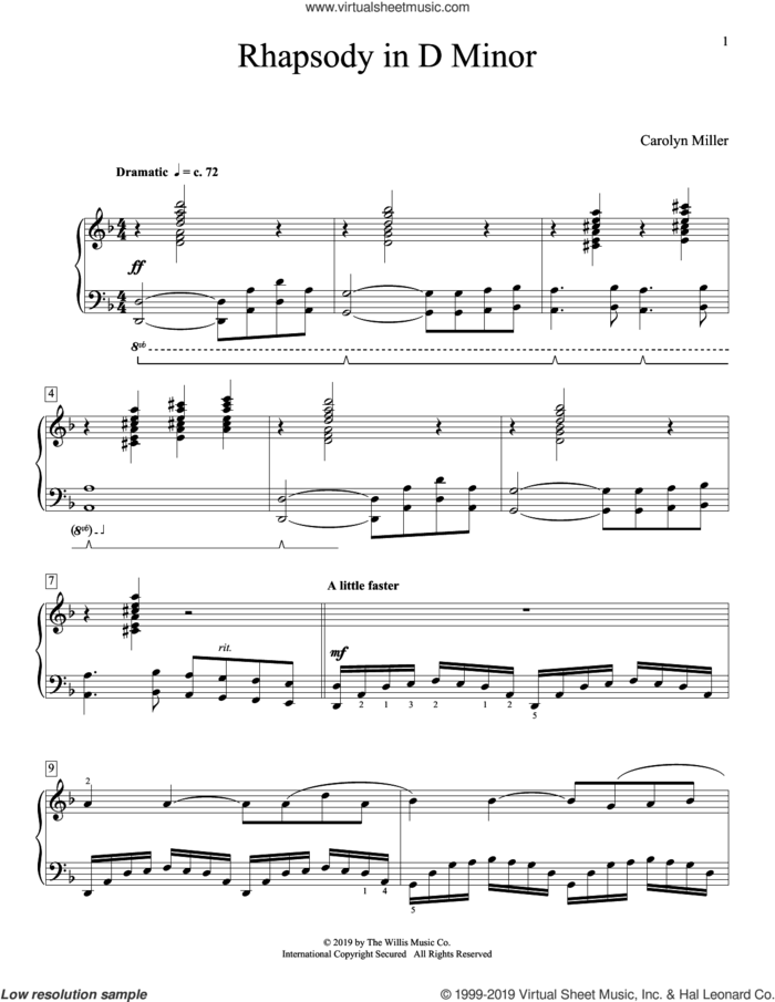 Rhapsody In D Minor sheet music for piano solo (elementary) by Carolyn Miller, beginner piano (elementary)