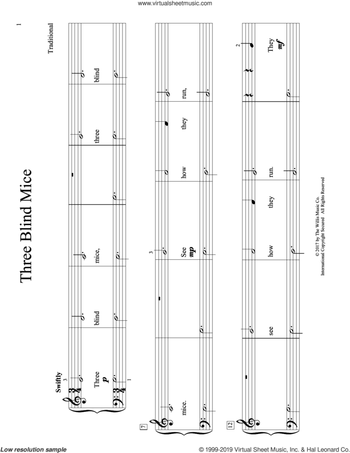 Three Blind Mice (arr. Christopher Hussey) sheet music for piano solo (elementary)  and Christopher Hussey, beginner piano (elementary)