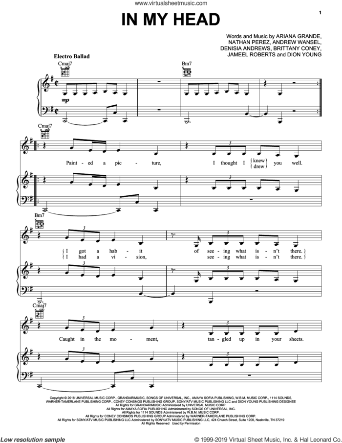 In My Head sheet music for voice, piano or guitar by Ariana Grande, Andrew Wansel, Brittany Coney, Denisia Andrews, Dion Young, Jameel Roberts and Nathan Perez, intermediate skill level