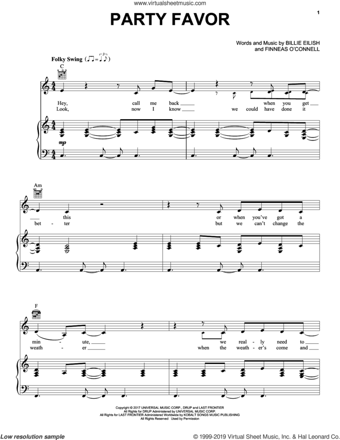 party favor sheet music for voice, piano or guitar by Billie Eilish, intermediate skill level