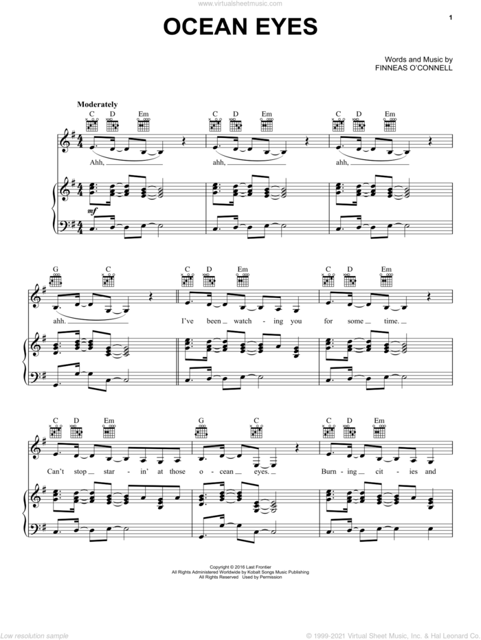 ocean eyes sheet music for voice, piano or guitar by Billie Eilish, intermediate skill level