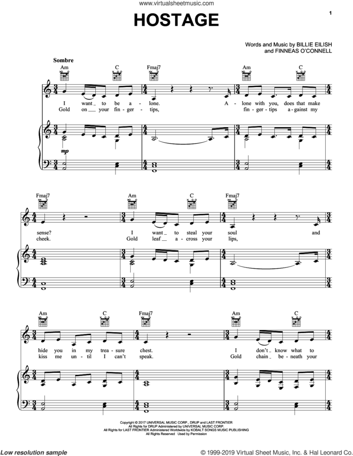 hostage sheet music for voice, piano or guitar by Billie Eilish, intermediate skill level