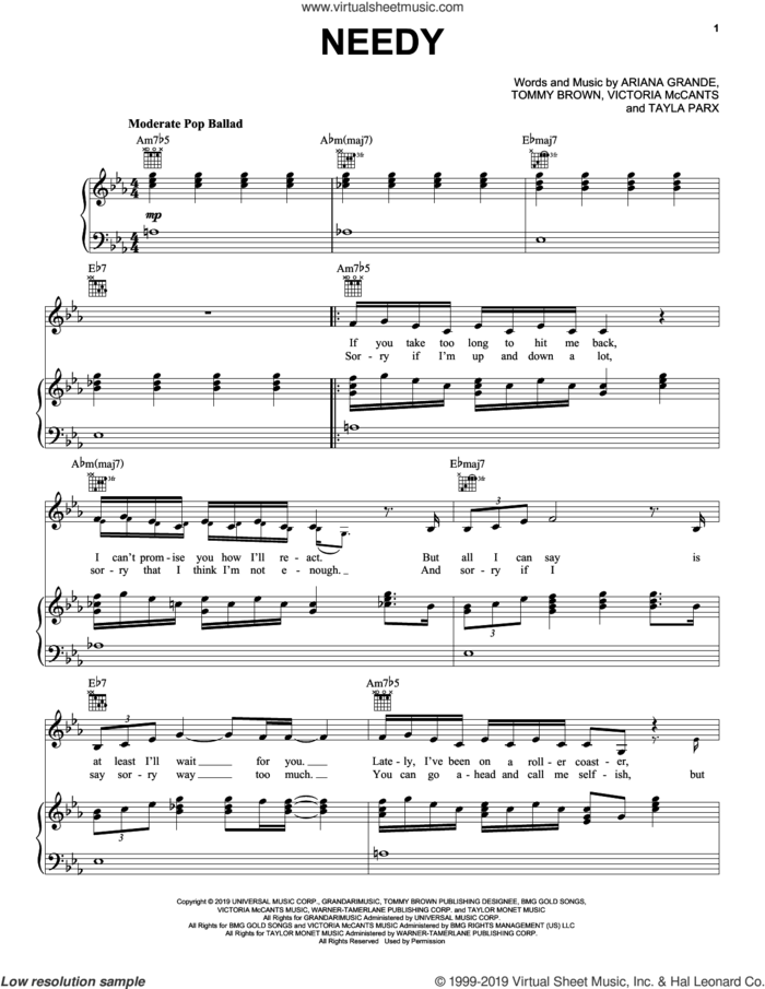 Needy sheet music for voice, piano or guitar by Ariana Grande, Tayla Parx, Tommy Brown and Victoria McCants, intermediate skill level