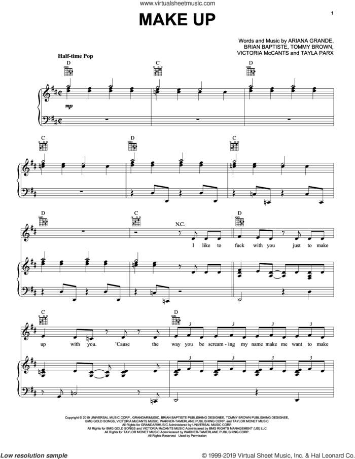 Make Up sheet music for voice, piano or guitar by Ariana Grande, Brian Baptiste, Tayla Parx, Tommy Brown and Victoria McCants, intermediate skill level