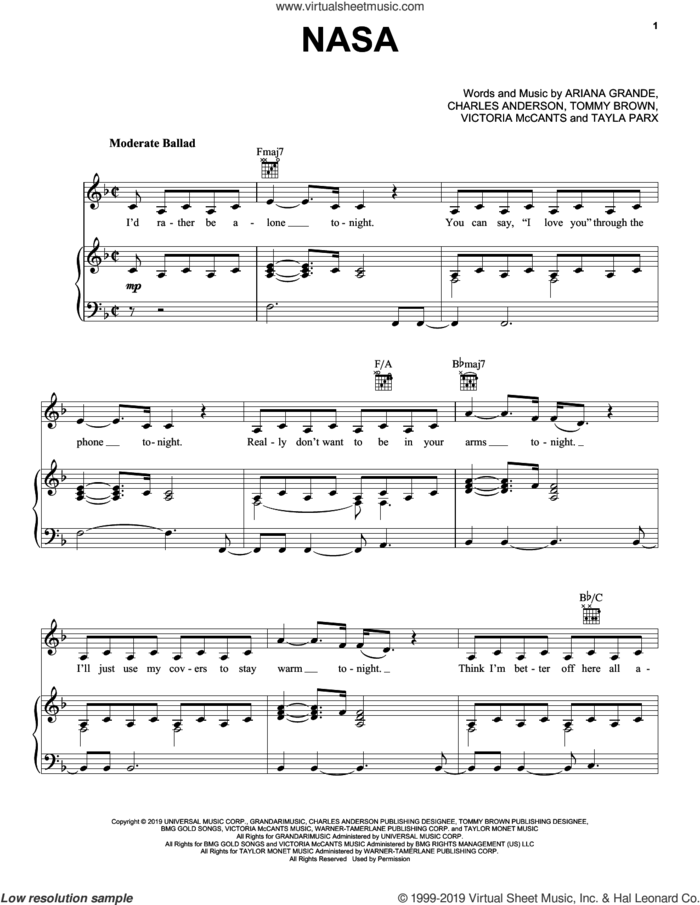 NASA sheet music for voice, piano or guitar by Ariana Grande, Charles Anderson, Tayla Parx, Tommy Brown and Victoria McCants, intermediate skill level