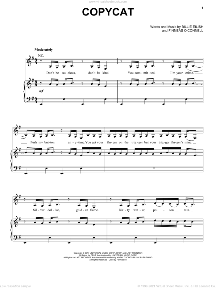 COPYCAT sheet music for voice, piano or guitar by Billie Eilish, intermediate skill level