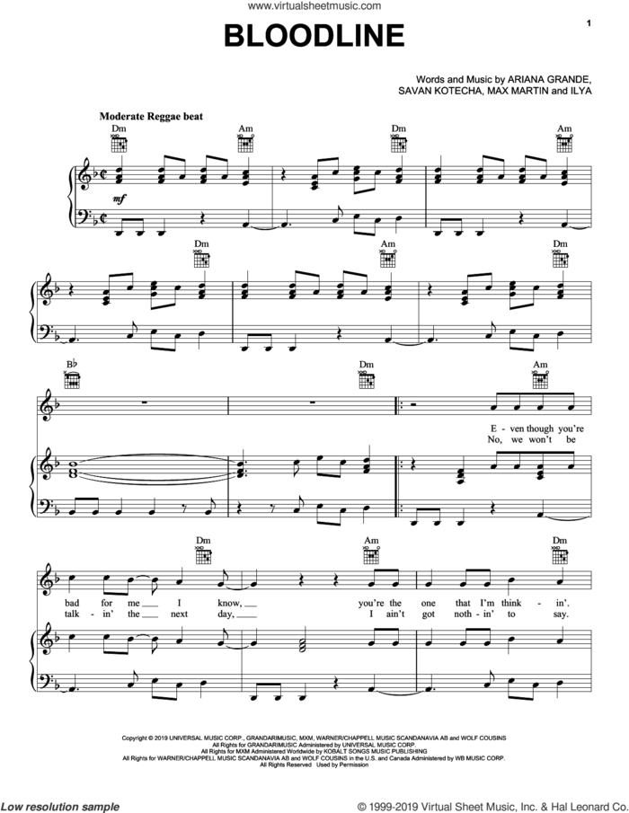Bloodline sheet music for voice, piano or guitar by Ariana Grande, Ilya, Max Martin and Savan Kotecha, intermediate skill level