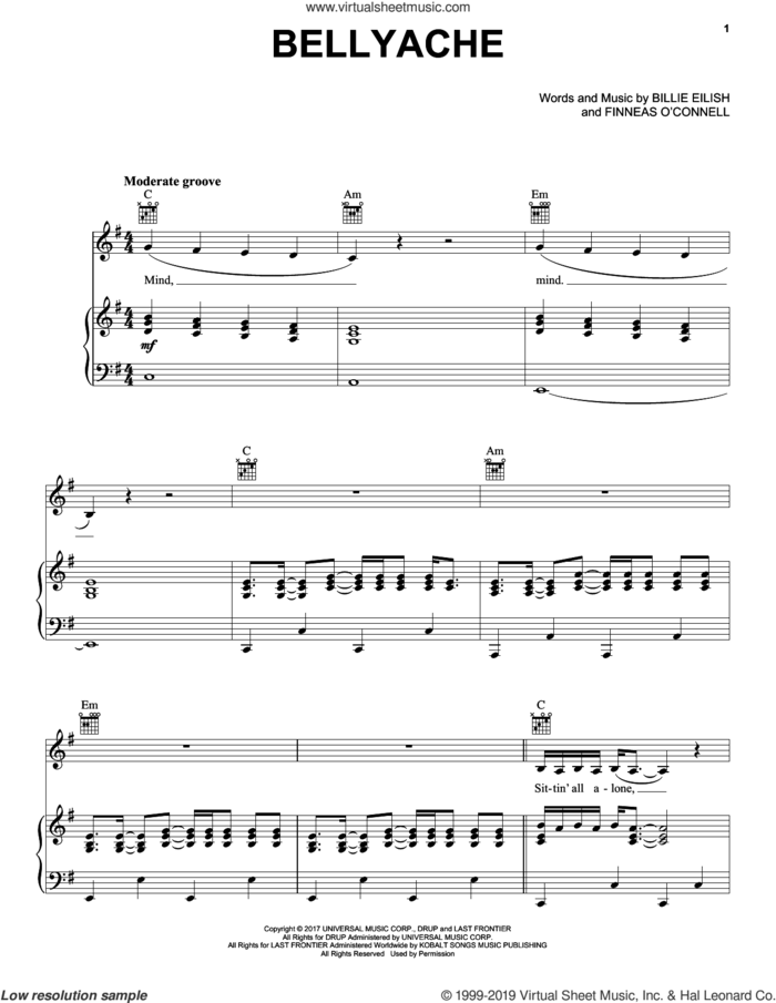 bellyache sheet music for voice, piano or guitar by Billie Eilish, intermediate skill level