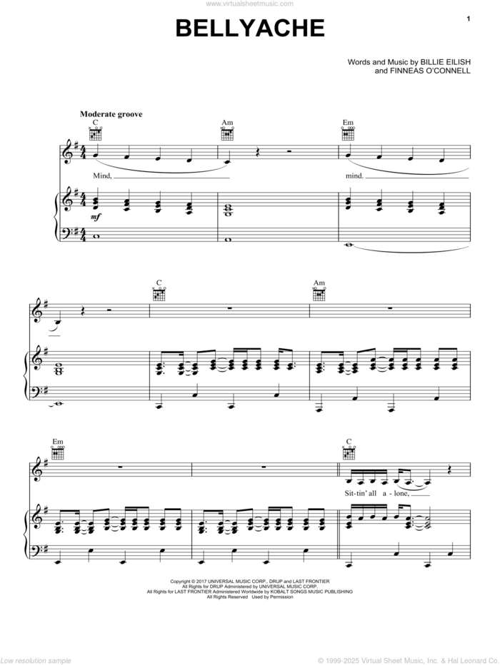 bellyache sheet music for voice, piano or guitar by Billie Eilish, intermediate skill level