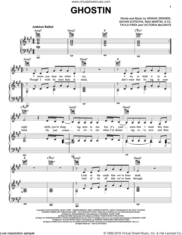 Ghostin sheet music for voice, piano or guitar by Ariana Grande, Ilya, Max Martin, Savan Kotecha, Tayla Parx and Victoria McCants, intermediate skill level