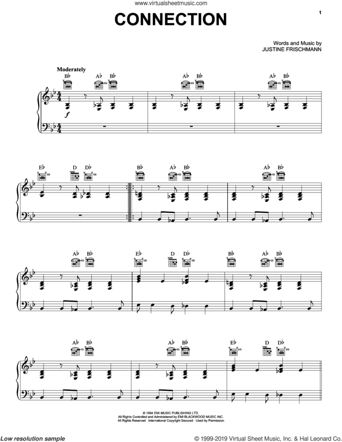 Connection sheet music for voice, piano or guitar by Elastica and Justine Frischmann, intermediate skill level