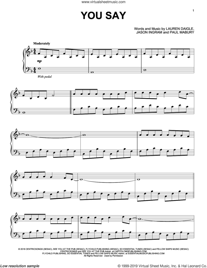 You Say, (intermediate) sheet music for piano solo by Lauren Daigle, Jason Ingram and Paul Mabury, intermediate skill level