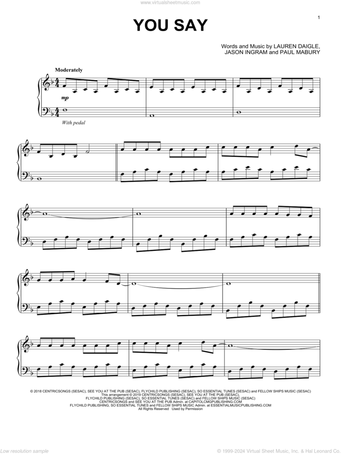 You Say sheet music for piano solo by Lauren Daigle, Jason Ingram and Paul Mabury, intermediate skill level